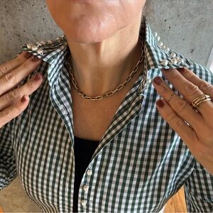 Gorsuch Green Gingham fitted blouse with pearl collar, cuff, and button down.